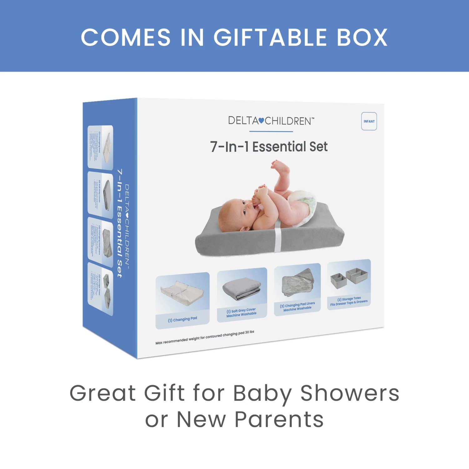 Delta Children 7-Piece Essential Changing Table Set - Newborn Baby Gift Set For Boys And Girls – Set Includes Changing Pad, Plush Changing Pad Cover, 3 Changing Pad Liners And 2 Storage Bins 9 Delta Children 7-Piece Essential Changing Table Set - Newborn Baby Gift Set For Boys And Girls – Set Includes Changing Pad, Plush Changing Pad Cover, 3 Changing Pad Liners And 2 Storage Bins