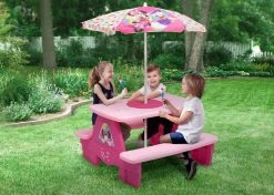 Delta Children Outdoor Minnie Mouse 4 Seat Activity Picnic Table With Umbrella And LEGO Compatible Tabletop