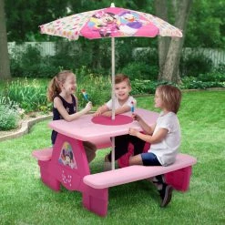 Delta Children Outdoor Minnie Mouse 4 Seat Activity Picnic Table With Umbrella And LEGO Compatible Tabletop