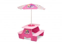 Delta Children Outdoor Minnie Mouse 4 Seat Activity Picnic Table With Umbrella And LEGO Compatible Tabletop