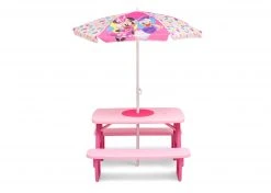 Delta Children Outdoor Minnie Mouse 4 Seat Activity Picnic Table With Umbrella And LEGO Compatible Tabletop