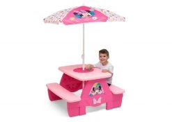 Delta Children Outdoor Minnie Mouse 4 Seat Activity Picnic Table With Umbrella And LEGO Compatible Tabletop