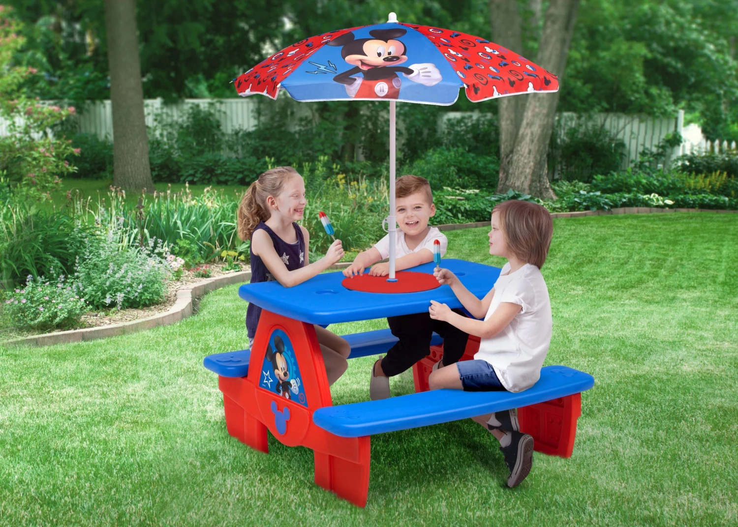 Delta Children Mickey Mouse 4 Seat Activity Picnic Table With Umbrella And LEGO Compatible Tabletop 3 Delta Children Mickey Mouse 4 Seat Activity Picnic Table With Umbrella And LEGO Compatible Tabletop