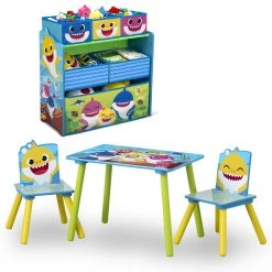 Delta Children Table & Chair Sets Baby Shark 4-Piece Playroom Solution – Set Includes Table And 2 Chairs And 6-Bin Toy Organizer