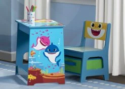 Delta Children Baby Shark Wood Art Desk And Chair Set With Dry Erase Top And Reusable Stickers Activity Desks
