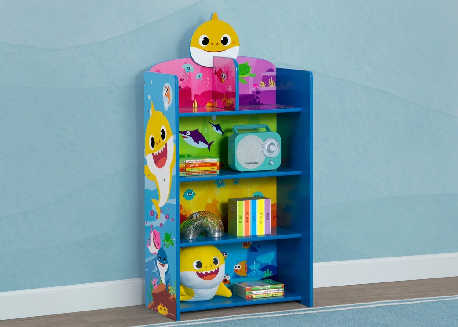 Delta Children Storage Baby Shark Wooden Playhouse 4-Shelf Bookcase For Kids 3 Delta Children Storage Baby Shark Wooden Playhouse 4-Shelf Bookcase For Kids