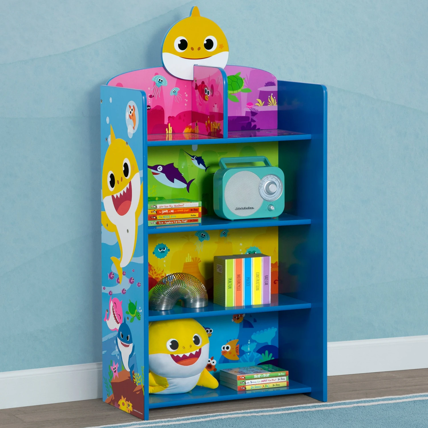 Delta Children Storage Baby Shark Wooden Playhouse 4-Shelf Bookcase For Kids 7 Delta Children Storage Baby Shark Wooden Playhouse 4-Shelf Bookcase For Kids
