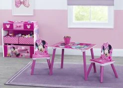 Delta Children Table & Chair Sets Minnie Mouse 4-Piece Playroom Solution – Set Includes Table And 2 Chairs And 6-Bin Toy Organizer