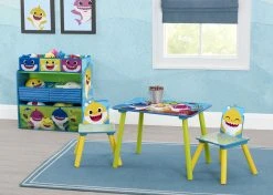 Delta Children Table & Chair Sets Baby Shark 4-Piece Playroom Solution – Set Includes Table And 2 Chairs And 6-Bin Toy Organizer
