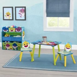 Delta Children Table & Chair Sets Baby Shark 4-Piece Playroom Solution – Set Includes Table And 2 Chairs And 6-Bin Toy Organizer