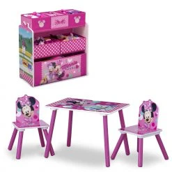 Delta Children Table & Chair Sets Minnie Mouse 4-Piece Playroom Solution – Set Includes Table And 2 Chairs And 6-Bin Toy Organizer