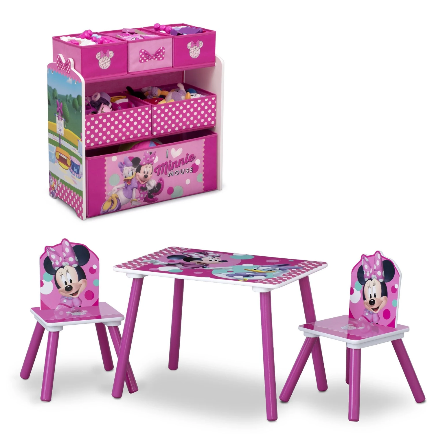 Delta Children Table & Chair Sets Minnie Mouse 4-Piece Playroom Solution – Set Includes Table And 2 Chairs And 6-Bin Toy Organizer 4 Delta Children Table & Chair Sets Minnie Mouse 4-Piece Playroom Solution – Set Includes Table And 2 Chairs And 6-Bin Toy Organizer